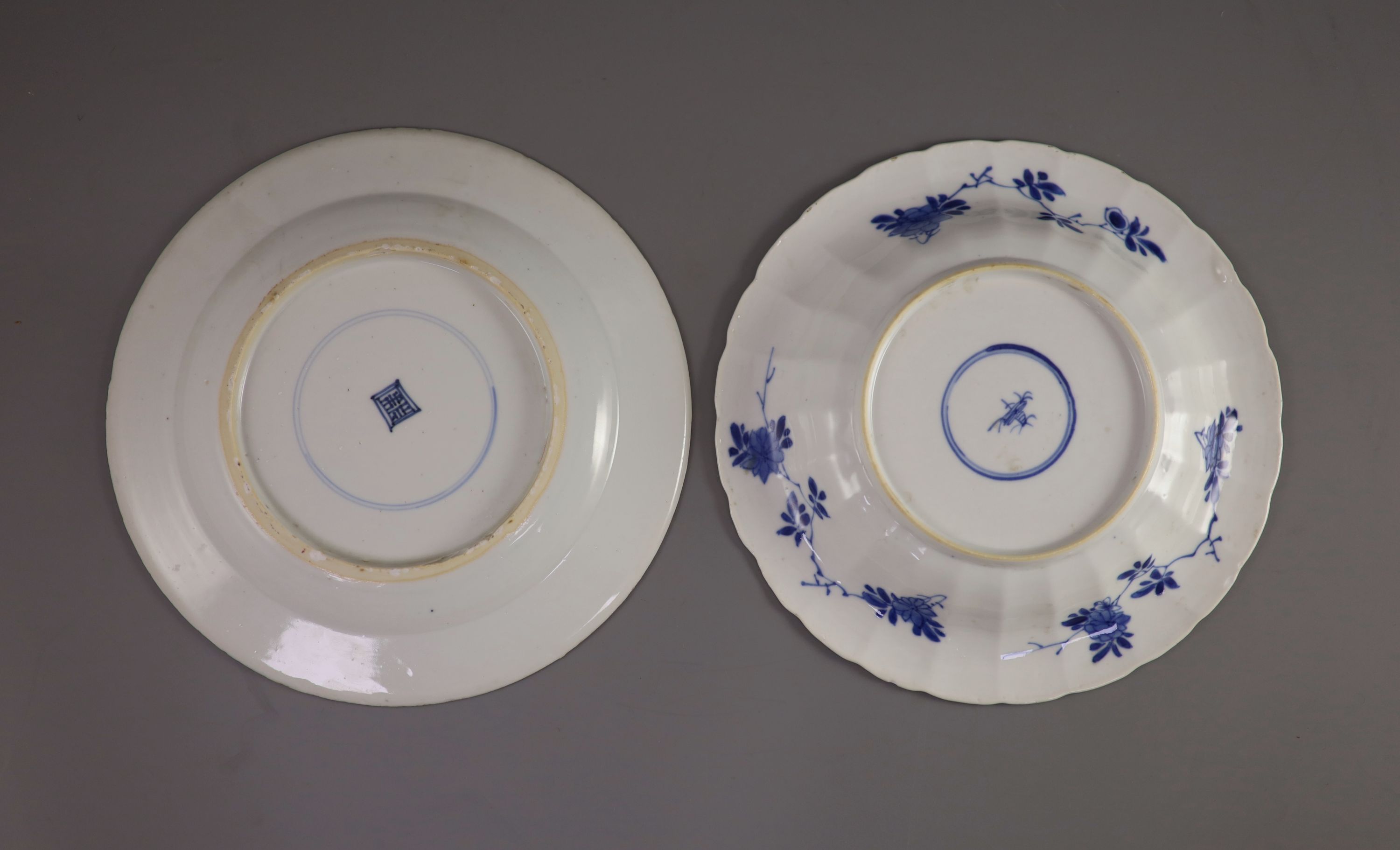 A Chinese blue and white dish and a rouge de fer plate, both Kangxi period, 21.8 cm